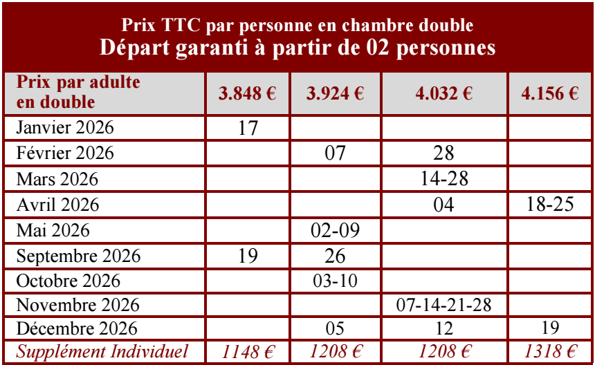 Tableau de tarifs de la croisière "Du Nil à la mer rouge et découverte du Caire" 2026, les voyages de pharaon.