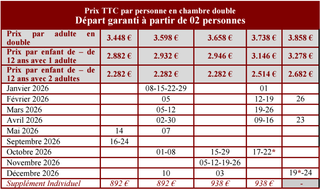 Tarifs programme "légendes du nil" 2026, les voyages de pharaon